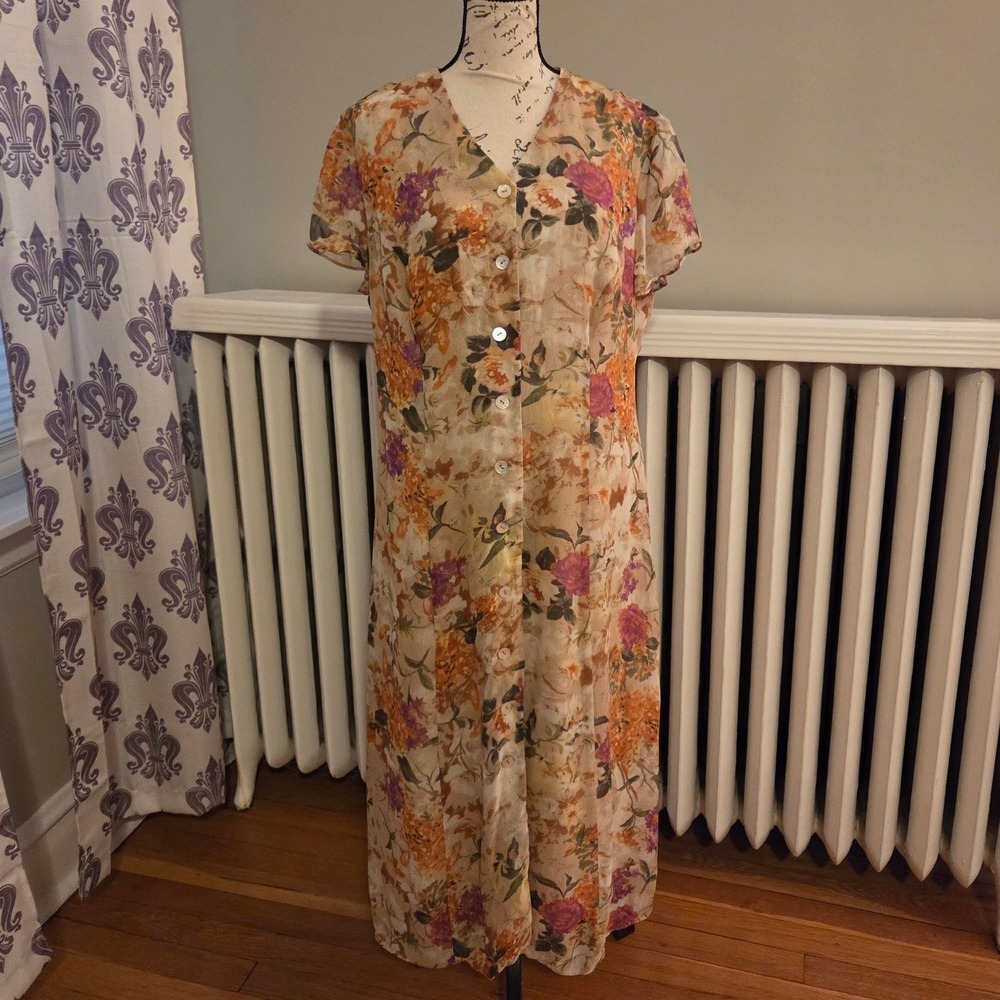 Y2K Coldwater Creek 100% Silk Floral Midi Dress Cottagecore Button Front 16P